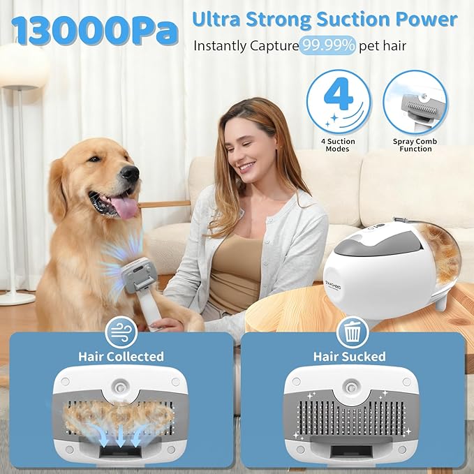 Dog Grooming Vacuum with 2L Dust Cup & 13000Pa Suction, 5-in-1 Low Noise Pet Grooming Kit with Clipper & Steam Brush for Shedding, Dog Vacuum for Dogs and Cats (Grey)