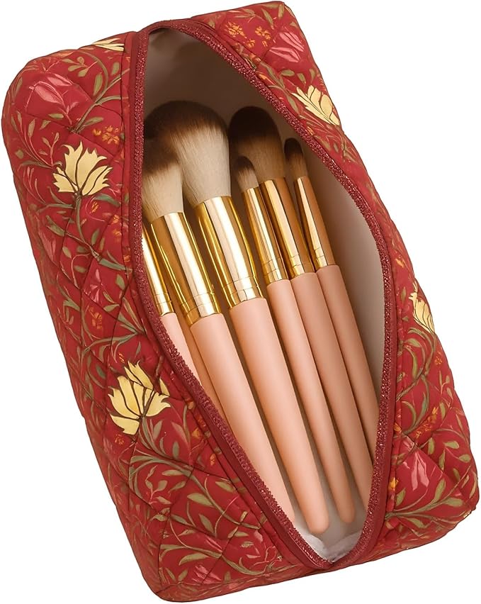 Floral Quilted Cotton Makeup Bag for Women, Large Capacity Travel Cosmetic Pouch with Zipper, Cute Toiletry & Brush Organizer, Kawaii Makeup Storage Case – Garden Red