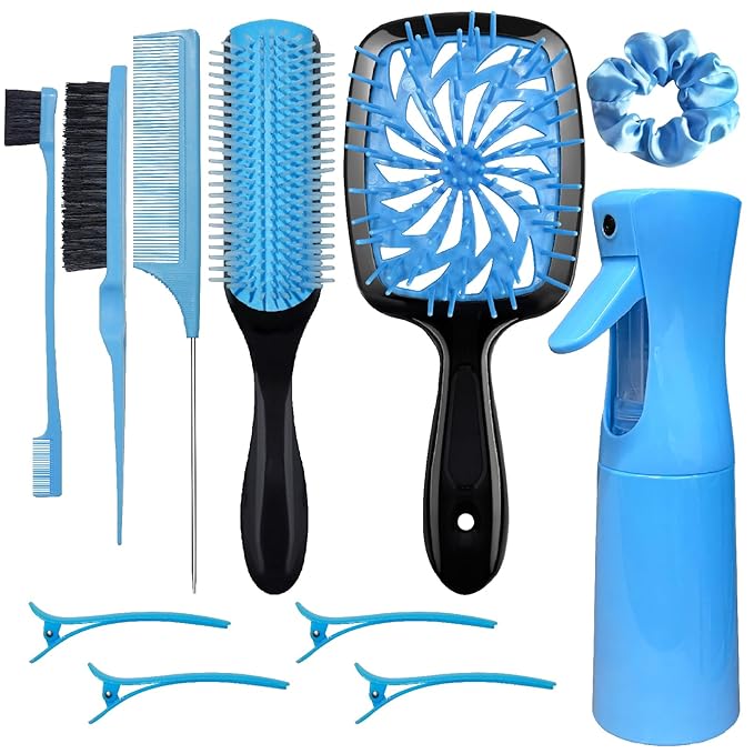 11 Pcs Hair Brush Set, Detangle Hair Brush And Spray Bottle, 3 Pieces Smooth Hairbrush For Toddlers, Suitable For Wet and Dry Hairstyles, Suitable For Adults And Children.(Blue)