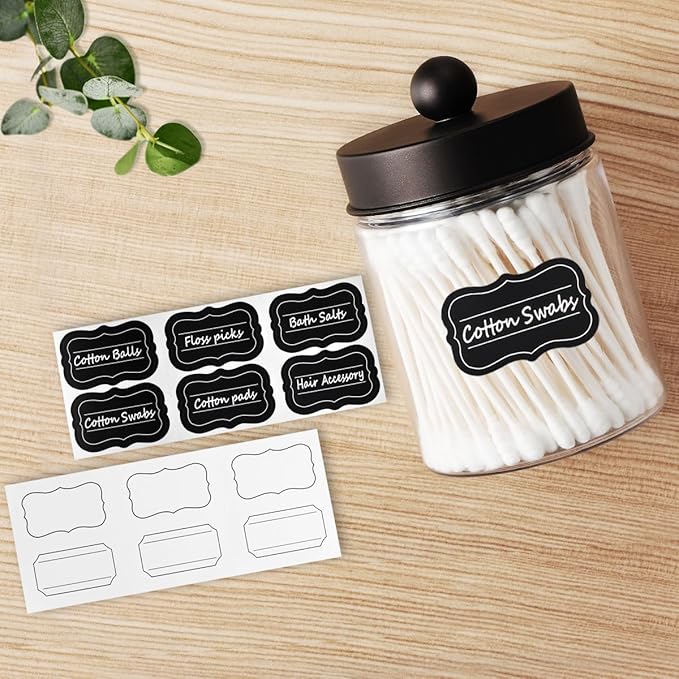Amolliar Farmhouse Decor Qtip Holder Dispenser for Cotton Swabs,Balls, Cotton Pads, Floss - Clear Plastic Apothecary Jar for Bathroom Canister Storage, Vanity Countertop Makeup Organizer-Bronze (4)