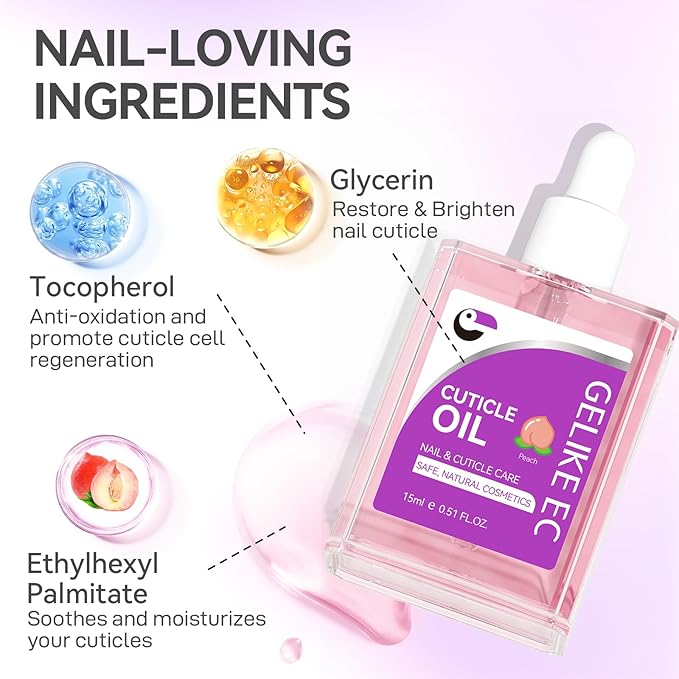 Nail Cuticle Oil for Moisturize and Repair - Gelike EC Easy and Quick Absorb Cuticles Care Treatment - Natural Peach Smells for Women and Men Dry Damaged Thin Nails