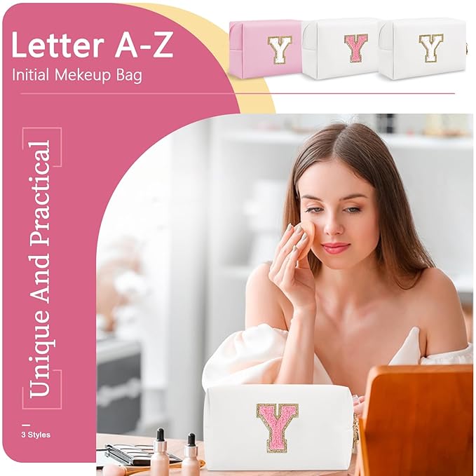 Personalized Makeup Bag Initial A-Z Preppy Patch Bag,Small PU Leather Travel Cosmetic Bag Pouch with Zipper,White Cute Toiletry Bag,Gift Ideal for Teen Girls Women Birthday Friend Mom,Letter Y