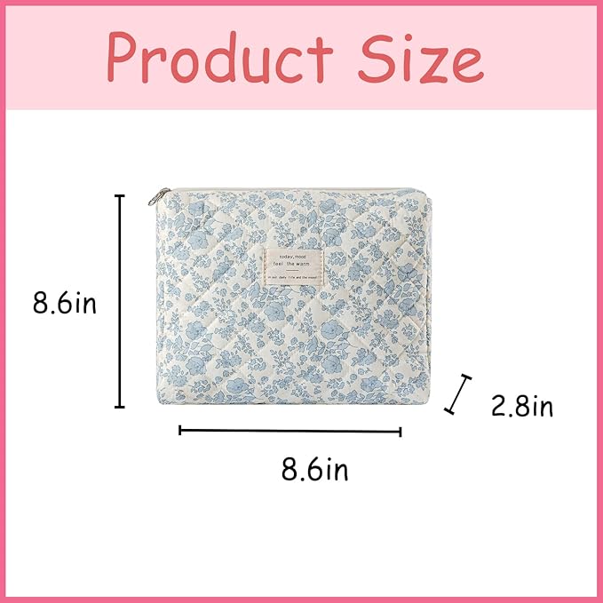 uekeboag Quilted Cotton Makeup Bag,Coquette Quilted Toiletry Bag for Women and Girls,Floral Coquette Pouch,Cute Kawaii Travel Cosmetic Bags(05Light Blue Flower)