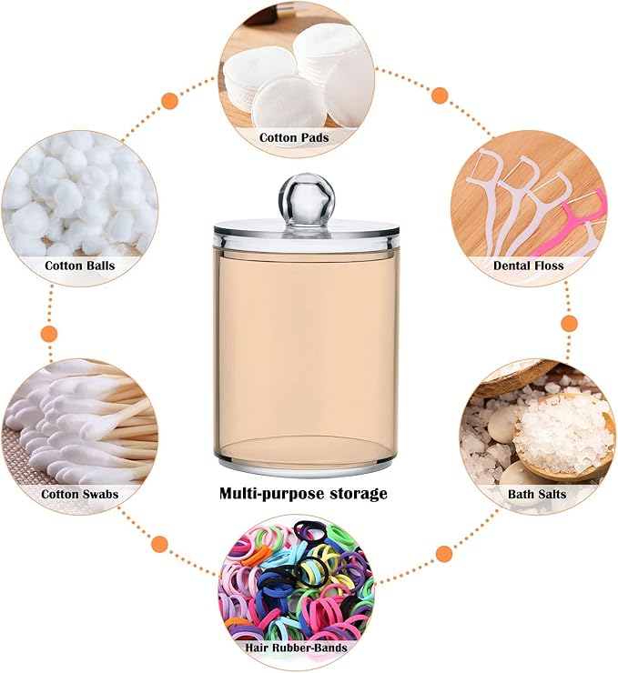 Peach Puff Qtip Holder Organizer Dispenser Cotton Swabs Cans Plastic Jars with Lid Set 2 Pack Bathroom Storage Canister for Cotton Ball Floss Cotton Pads