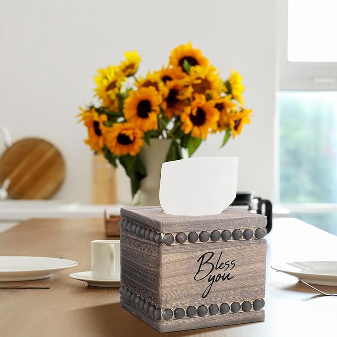 Bless You Beaded Square Tissue Box Cover, Rustic Farmhouse Vintage Wooden Tissue Holder Box Distressed Napkin Holder for Table Bathroom Decor (Brown)