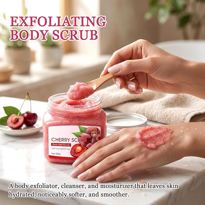 Cherry Body Exfoliator, Deep Cleaning Exfoliating Body Scrub, Moisturizing Nourishing Salt Rose Body Scrub, 350 g