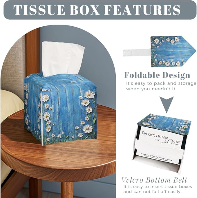 White Flowers Daisy Tissue Box Cover Rustic Floral Wooden Square PU Leather Waterproof Tissue Box Holder for Bathroom Kitchen Bedroom Vanity Countertop Night Stands