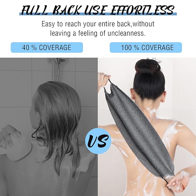 Back Scrubber for Shower Exfoliating Washcloth Back Cloth Body Extended Length Scrubber Towel Nylon Exfoliating Stretchable Pull Strap Wash Cloth for Bath Body Scrub Washcloth 2 Pack (Gray,Blue)