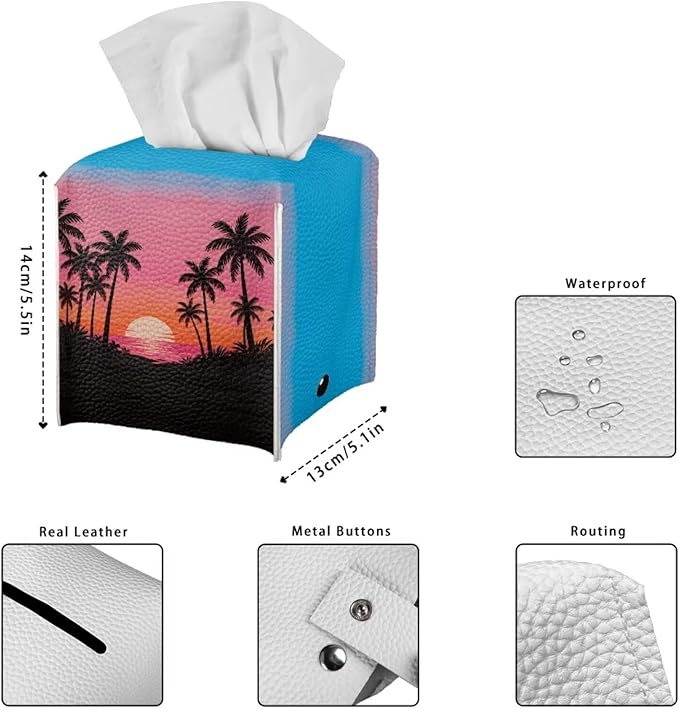 Sunset Tissue Box Holder Waterproof PU Leather Square Modern Tissue Box Cover with Metal Button Napkin Holder for Home Office Car