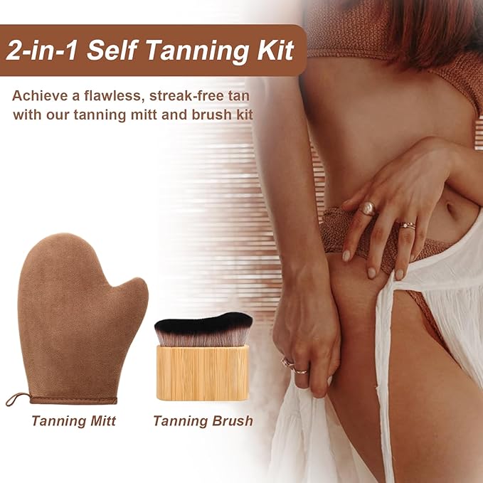 2 in 1 Streak-Free Natural Tanning Mitt, Leakproof-lined Self Tanner Mitt, Reusable Self Tanning Mitt and Brush, Self Tanner Brush for Self Tan Mit for Apply Tanning Lotion, Mousse, Sunscreen