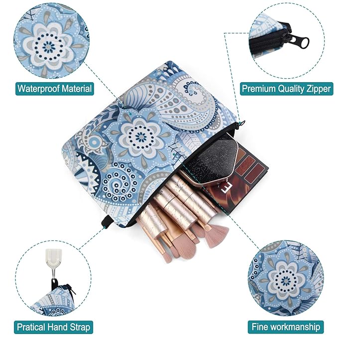 MAGEFY Makeup Bags for Women, Portable Travel Cosmetic Bag with Black Zipper Pouch Waterproof Makeup Pouch Multifunctional Small Bag for Women (1 pack, blue flower 0175)