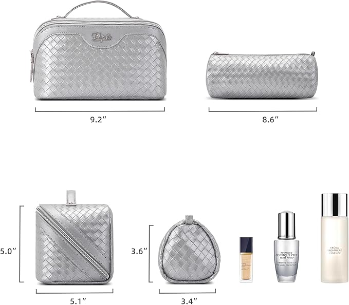 BOYATU Travel Makeup Bag Cosmetic Bags for Women: Large Capacity 3 Pcs Set Make up Bag with Compartments - Waterproof Vegan Leather Toiletry Organizer Bags with Handle (L11 Silver)