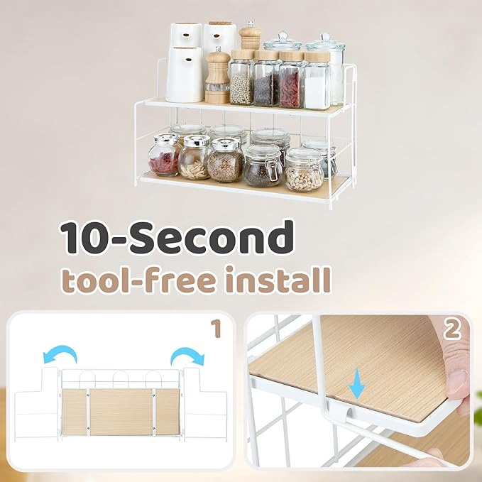 Bathroom Counter Organizer 10s Tool-Free Install, 2 Tier Bathroom Organizers and Storage, Collapsible Bathroom Organizer Countertop, Wood Bathroom Kitchen Countertop Organizer, White