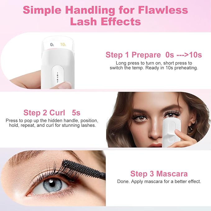 Transparent Heated Eyelash Curler, Electric Eye Lash Curler 10S Fast Heat 24Hrs Long Lasting, Portable Travel Natural C Curl Lashes Type-C Rechargeable Eyelash Curlers (White)