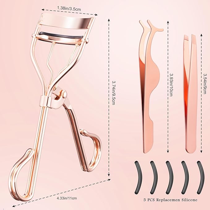 3-in-1 Professional Eyelash Curler Kit – Salon-Perfect Lashes at Home!Includes: Eyelash Curler (w/Replacement Pad), Eyebrow Tweezers & Curved Applicator Toolr – Travel-Friendly & Pain-Free (Rosegold)