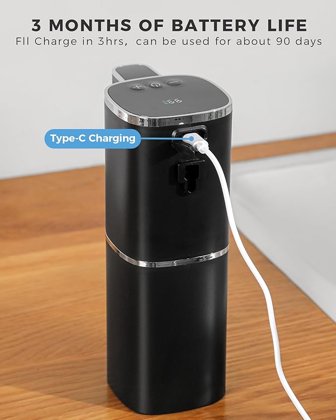 Automatic Foaming Soap Dispenser Touchless, USB Rechargeable Smart Hand Soap Dispenser, 9-Level Adjustable, 13.5oz/400mL,IPX5 Waterproof, Wall/Tabletop Kitchen Bathroom, Black