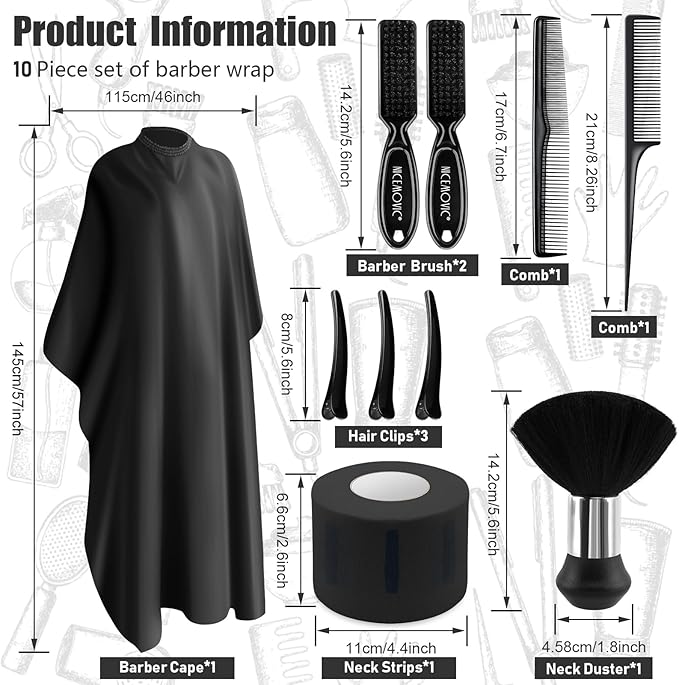 NICEMOVIC 10 in 1 Hair Cutting Barber Cape with Neck Duster Brush Barber Brush Neck Strips Hair Combs Hair Clips, Professional Barber Accessories Cleaning Supplies for Salon Haircut Styling (Black)