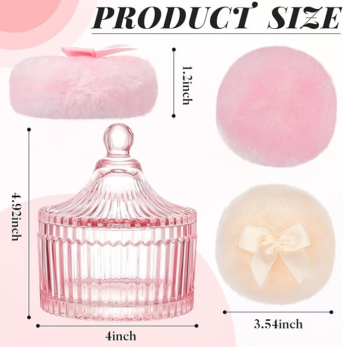 Tioncy 3 Pcs Large Body Powder Puff and Container Valentine's Day gift Powder Container with Puff Crystal Case Soft Washable Reusable Velour Face Body Glitter Wet Dry Makeup(Classic,Pink)