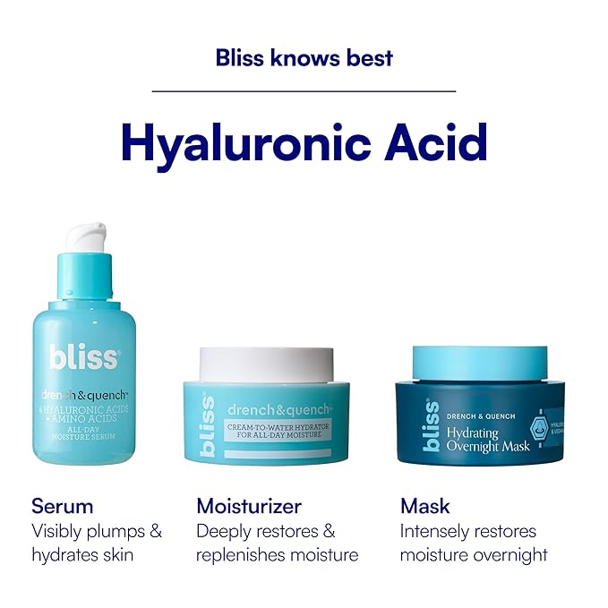 Bliss Drench & Quench Hyaluronic Acid Cream to Water Moisturizer | Lightweight Face Cream with 4 Types of Hyaluronic Acid for All Day Hydration and Plump Skin | Clean Vegan & Cruelty Free 1.7 fl oz
