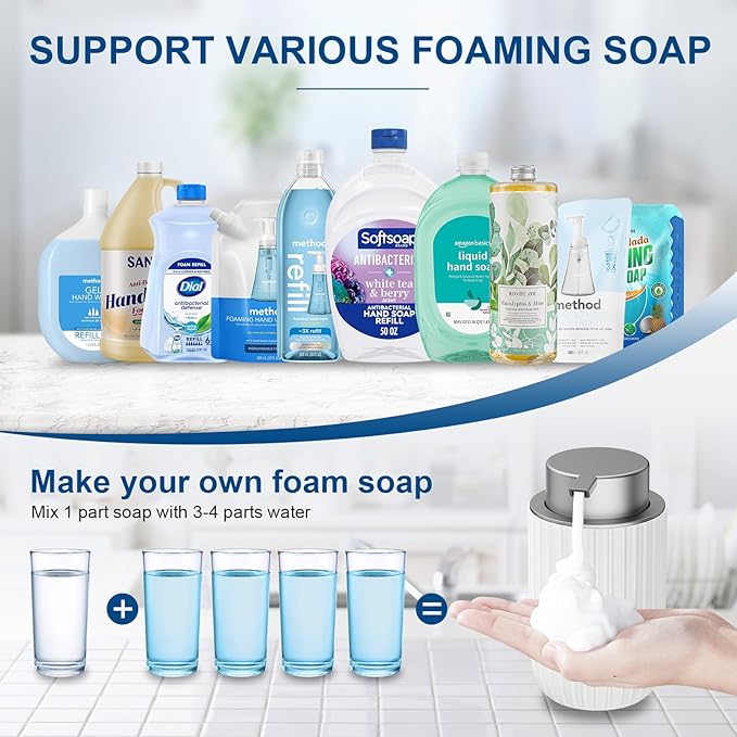 Ceramic Foaming Soap Dispenser, 12 oz Bathroom Foam Hand Soap Dispenser, Refillable Lotion Soap Dispenser with Removable Pump for Kitchen Hand Wash Dispenser, Modern Home Decor(2Pack-White)