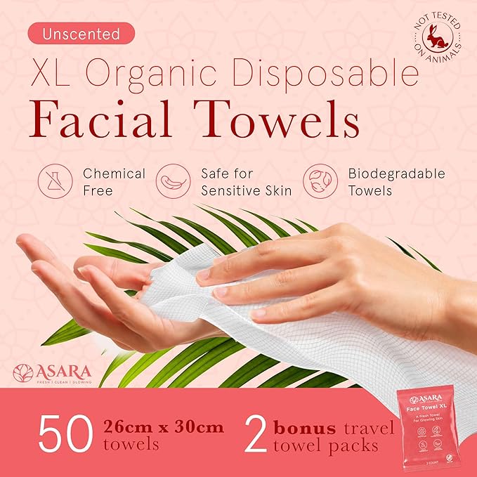 Clean Face Towels Disposable XL Facial Wipes | Add Water As a Makeup Remover | Sensitive Skin Face Towels | Organic Vegan Biodegradable - Clean Daily Towelettes | by Asara (100 Count)