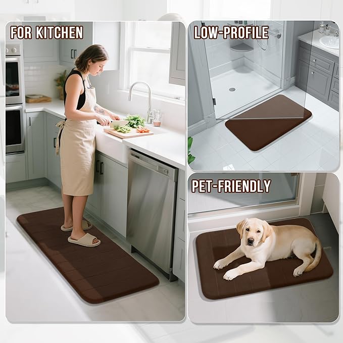 Yimobra U-Shaped Toilet Bath Mat Set 2 Piece - Super Soft Absorbent Quick Dry Memory Foam Bathroom Rugs, Machine Washable Non Slip Floor Carpet for Tub Shower & Single Sink (17x24 & 24x20, Brown)