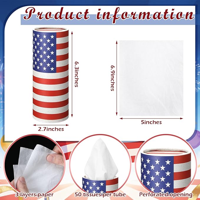12 Pack 4th of July Flag Tissue Boxes for Car Cylinder Bulk Red Blue White Patriotic Round Cylinder Holder with 3 Ply Facial Tissues for Independence Day Travel Bathroom Office Decoration