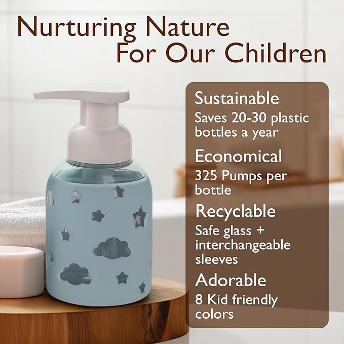 SoCal Suds & Company Foaming Hand Soap Dispenser Glass, Liquid Soap Pump with Cloud & Star Sleeve, Refillable Bottle for Kids, Baby Wash & Shampoo, Ideal for Bathroom & Kitchen Use, Light Blue, 8oz