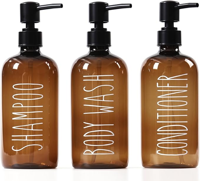HOMCDALY Shampoo and Conditioner Dispenser Set of 3, 21oz Shower Soap Bottles with Pump, Refillable Shampoo Conditioner Body Wash Dispenser, Empty Bathroom Shower Shampoo Bottles(P-Brown)