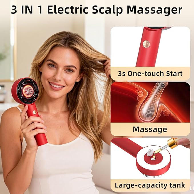 Electric Scalp Massager, 3 in 1 Hair Oil Applicator, Scalp Care Brush, IPX7 Waterproof, Cordless & Portable Scalp Brush for Home & Travel, Red