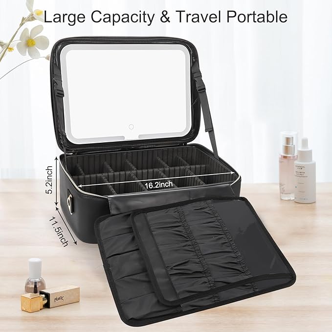 Relavel Makeup Case Large Makeup Bag with LED Mirror, Professional Train Case 16.2 inch, Travel Cosmetic Organizer Brush Holder Waterproof Makeup Artist Storage Box with Adjustable Strap