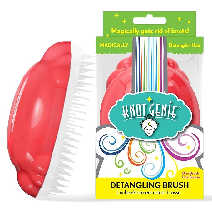 Knot Genie Detangling Hair Brush for Kids (Corally-Q) | Original Full Size | Perfect for Curly Hair, Gently Separate Tangles, Leaves Hair Smooth & Shiny | The Pain Free Knot Detangler