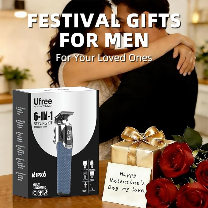 Ufree 6-in-1 Professional Beard Trimmer for Men, IPX6 Waterproof Electric Shaver Razor, Cordless Body Hair Trimmer for Mustache, Nose, Type-C Mens Gooming Kits, Birthday Valentines Gifts for Him