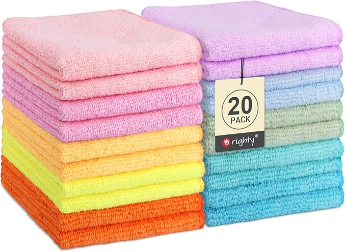 Orighty Washcloths, 20 Pack Microfiber Face Towels, Highly Absorbent and Soft Feel Wash Cloths & Hand Towels for Bathroom, Hotel, Spa, and Gym, 11.5x11.5 Inch, Multicolor