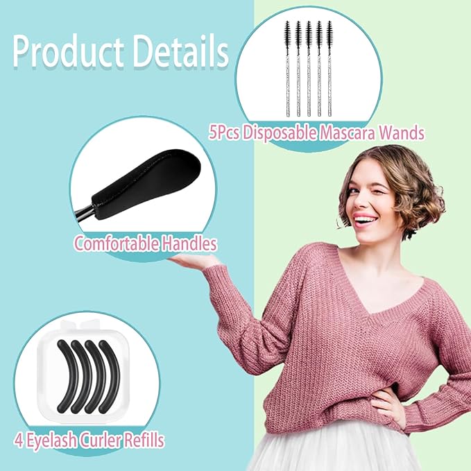 BenePoint Eyelash Curler, Lash Curler with Bonus 4Pcs Replacement Lash Pads& 5Pcs Eyelash Spoolies, Eyelash Curler Kit Portable Travel Eyelash Curler for Eyelash Extension (Black)