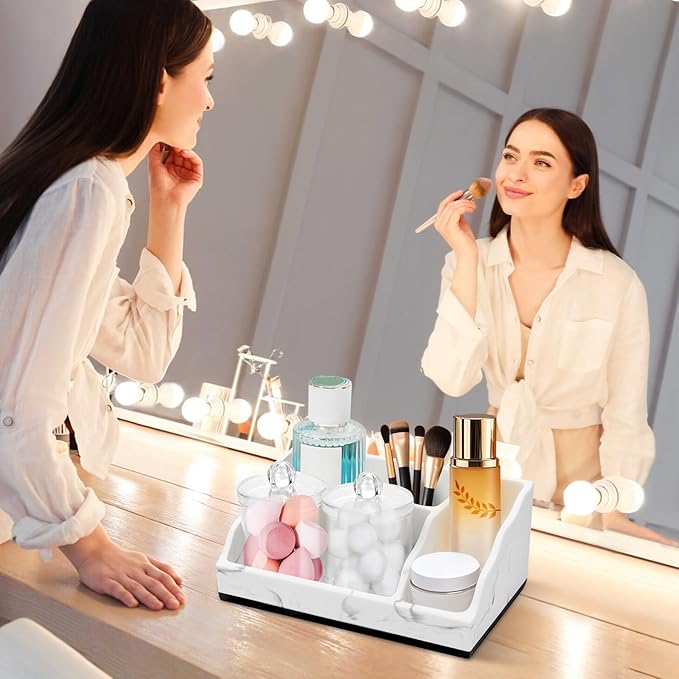 Bathroom Counter Organizer, White Marble Toothbrush Holders for Bathrooms with 2PCS Qtip Holder, Bathroom Countertop Organizer Toothbrush and Toothpaste Holder for Makeup Organizer for Vanity