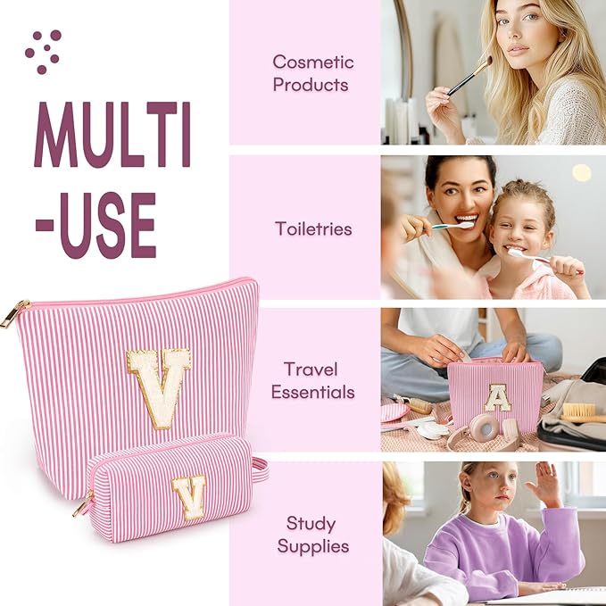 2 PCS Initial Makeup Bags for Women: Cosmetic Bag for Travel Toiletry - Birthday Gifts for 11 12 13 14 15 16 17 18 Years Old Girl Graduation Teacher Gift- Teen Girl Gifts Trendy Stuff - Pink V