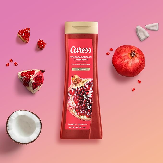 Caress Body Wash, Tahitian Pomegranate & Coconut Milk, Moisturizing Body Wash for Renewed, Glowing Skin, Exfoliating Body Soap Liquid, 20 Fl Oz (Pack of 2)