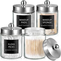 SheeChung 4-Pack Glass Qtip Holder Dispenser - Rust-Proof Stainless Steel Apothecary Jars with Labels -Bathroom Organizer for Cotton Swabs, Balls, Pads-Sleek Countertop Canister (Brushed Nickel)