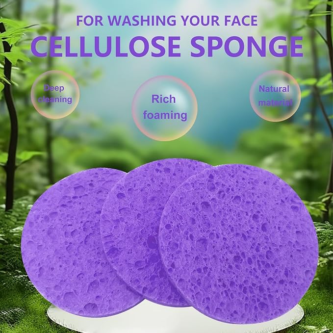 50-Count Large Compressed Facial Sponges for Estheticians,Daily Cleansing and Gentle Exfoliating- 100% Natural Cellulose Spa Sponge Perfect for Removing Dead Skin,Dirt and Makeup(Round 2.95",Purple)