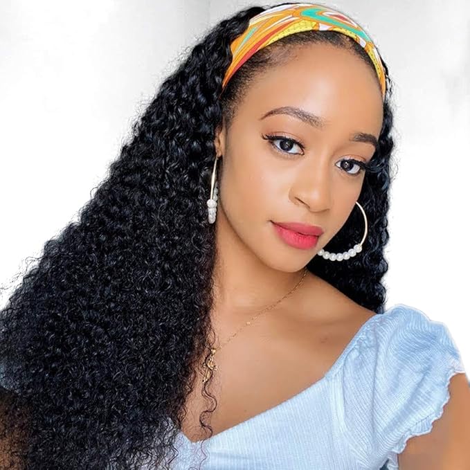 XSY Headband Wig Human Hair Deep Wave Headband Wigs for Black Women 22 Inch Glueless Half Wig Machine Made Curly Headband Wig 150% Density Natural Color