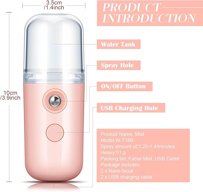 Honoson 2 Pack Nano Facial Mister Spray Bottle Handheld Humidifier Portable Face Mister for Eyelash Extensions USB Rechargeable 1 oz Mini Skin Care Machine for Daily Makeup(Coral Orange and White)