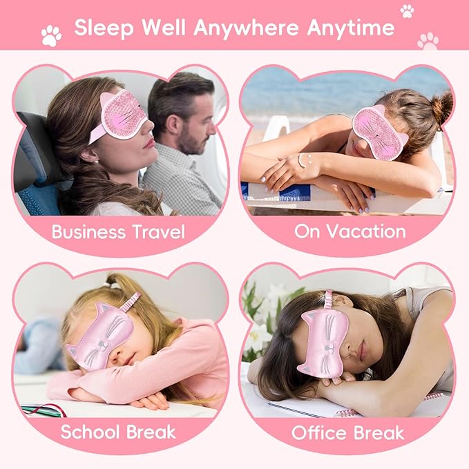 Cooling Eye Mask and Sleep Mask for Woman 2 Pcs, Cute Animal Cat Cartoon Pink Sleeping Mask Soft Cold Warm Compress Gifting for Dry Eyes Puff Eye Migraine Spa, Office, Morning Refreshment