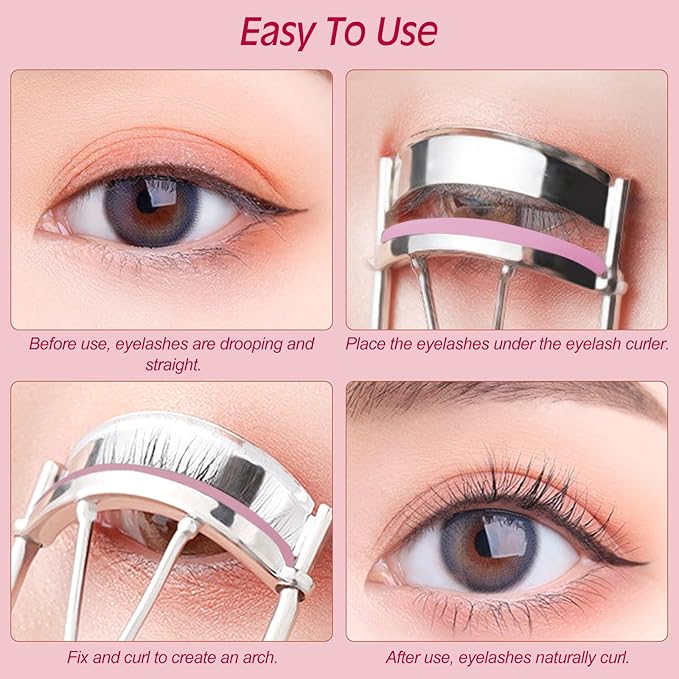 Pink Stainless Steel Eyelash Curler for Lasting Styling, with 4 Silicone Refill Pads, Pain-Free, Suitable for All Eye Shapes