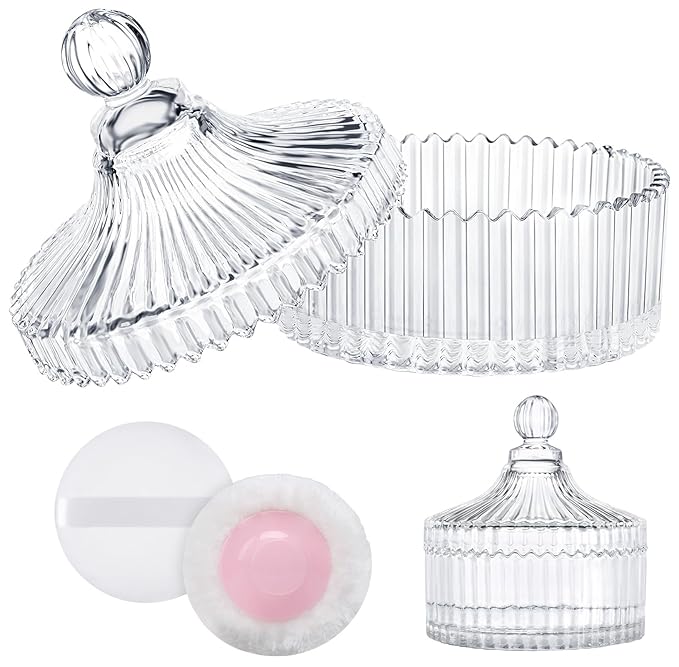 LAKIRA Large Body Powder Puff and Container, 2 Large Powder Puffs, Crystal Powder Container with 3.93" Puff for Baby Women, Dusting Powder Container with Puffs for Women, Bath, Home Use (4″ Pure)