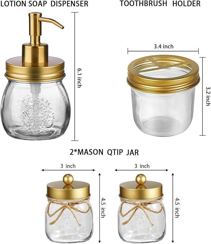 Amolliar Mason Jar Bathroom Accessories Set 4 Pcs -Lotion Soap Dispenser & 2 Qtip Holders & Toothbrush Holder - Rustic Farmhouse Decor, Bathroom Home Decor (Gold)