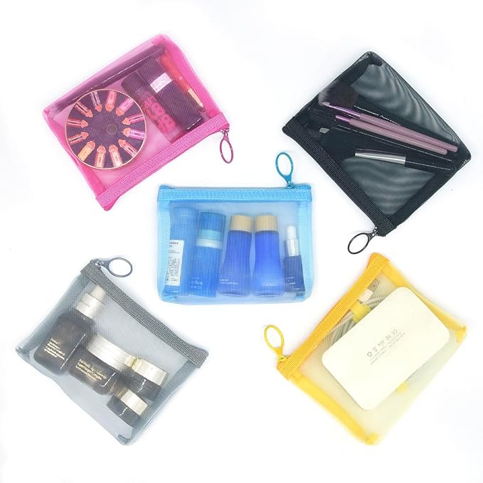 patu Widened Mini Zipper Mesh Bags, Size S, 5" x 4" x 2", 5 Pieces, Beauty Makeup Lipstick Cosmetic Accessories Organizer, Small Travel Kit Storage Pouch, Assorted Colors