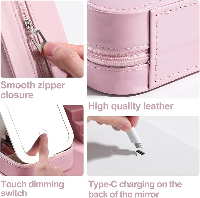 BS-MALL Travel Cosmetic Mirror Case LED Makeup Mirror Storage Case for Eyelash Station Brushes Cosmetic Tools Pink On-the-go Makeup Needs (Pink)