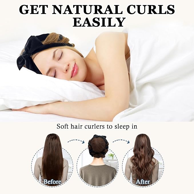 No Heat Curling Headband, 70" Soft Hair Curlers to Sleep In Overnight Curls Headband, No Heat Hair Curler Ribbon Curl Wrap for Long Hair Rollers, 9 PCS Curling Rods Set with Yoga Strap -Black