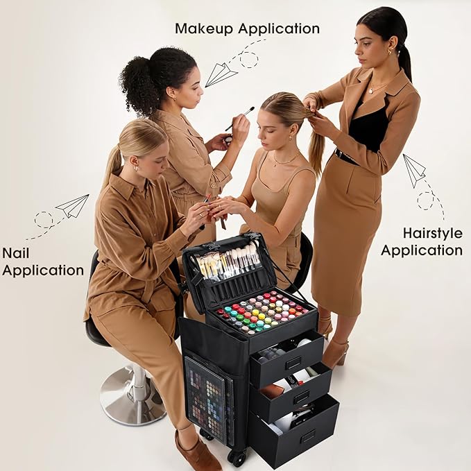 Stagiant Rolling Makeup Case 4 in 1 Soft Sided Professional Cosmetology Case on Wheels Freelance Makeup Artist Nylon Cosmetic Organize Storage Nail Technician Hair Stylist 3 Drawers Black